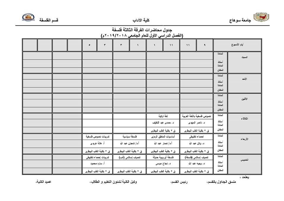 جدول محاضرات الفرقة الثالثة قسم الفلسفة 2018/2019